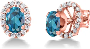 Gem Stone King 18K Rose Gold Plated Silver Oval London Blue Topaz Removable Jacket Stud Earrings For Women