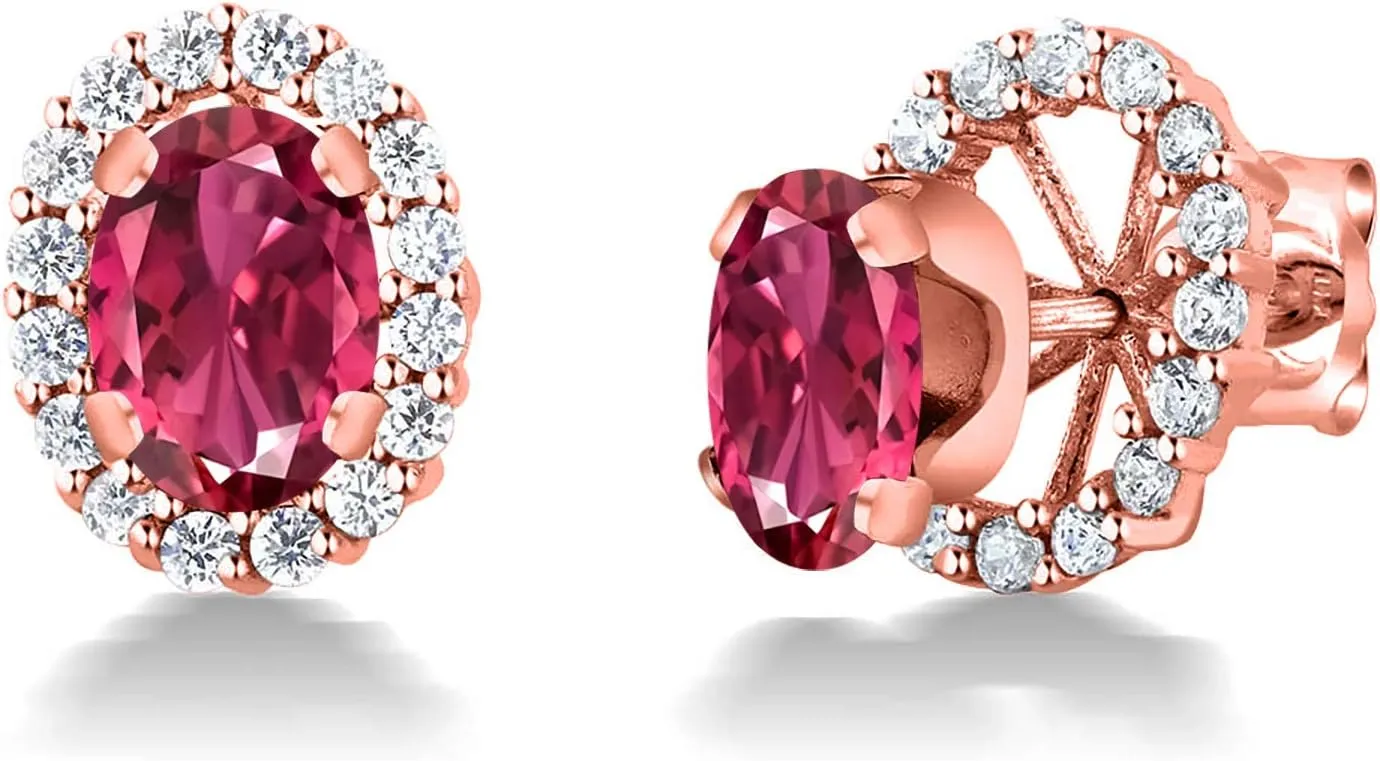 Gem Stone King 18K Rose Gold Plated Silver Oval Pink Tourmaline Removable Jacket Stud Earrings For Women