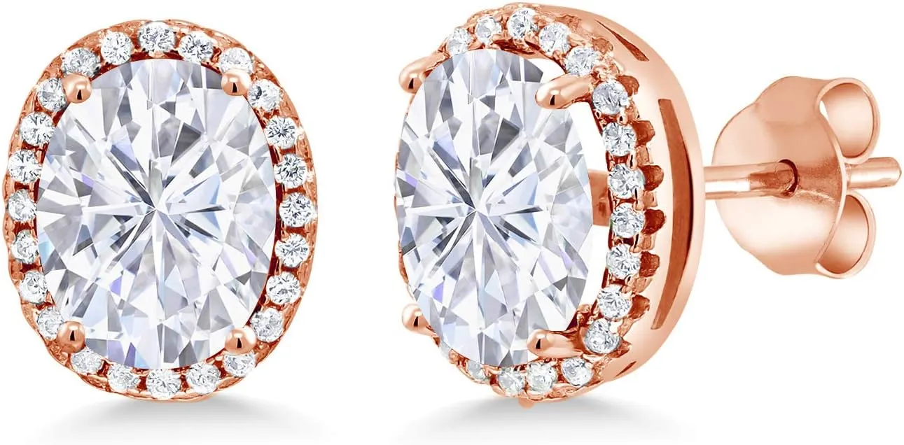 Gem Stone King 18K Rose Gold Plated Silver Stud Earrings Near Colorless Oval 4.68cttw Moissanite