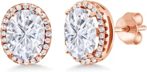 Gem Stone King 18K Rose Gold Plated Silver Stud Earrings Near Colorless Oval 4.68cttw Moissanite