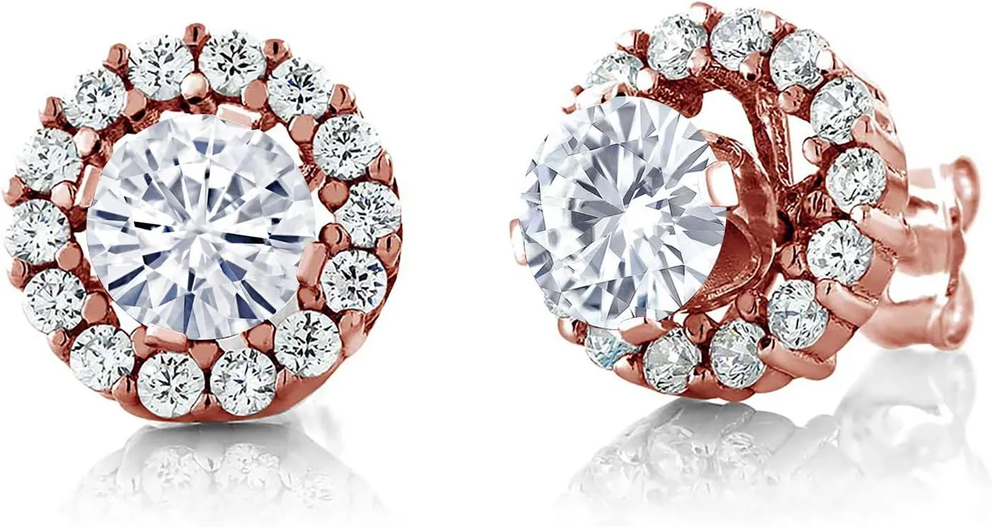 Gem Stone King 18K Rose Gold Plated Silver Stud Earrings Set with Round 1.39cttw Moissanite