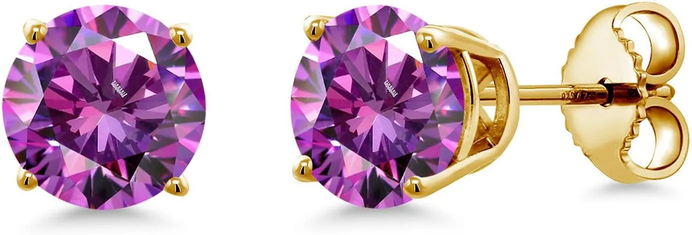 Gem Stone King 18K Yellow Gold Plated Silver Fancy Purple Zirconia Stud Earrings For Women Men (1.68 Cttw, Gemstone Birthstone, Round 6MM)