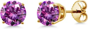 Gem Stone King 18K Yellow Gold Plated Silver Fancy Purple Zirconia Stud Earrings For Women Men (1.68 Cttw, Gemstone Birthstone, Round 6MM)