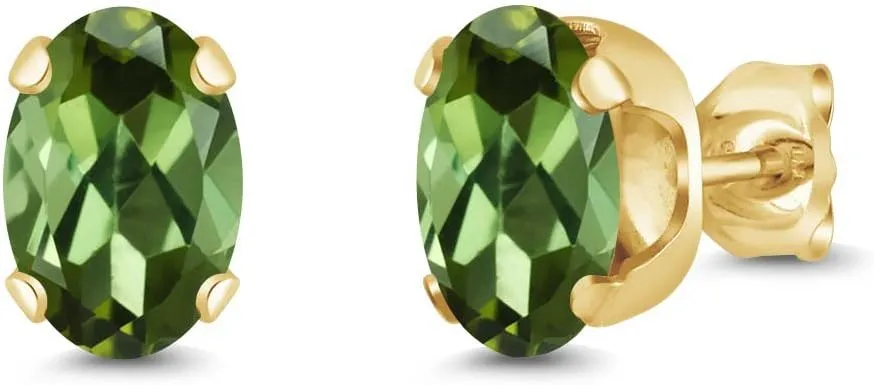 Gem Stone King 18K Yellow Gold Plated Silver Green Tourmaline Stud Earrings For Women Men 1.40 Cttw, Oval 7X5MM