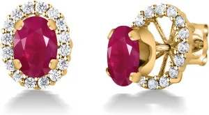 Gem Stone King 18K Yellow Gold Plated Silver Oval Red Ruby Removable Jacket Stud Earrings For Women