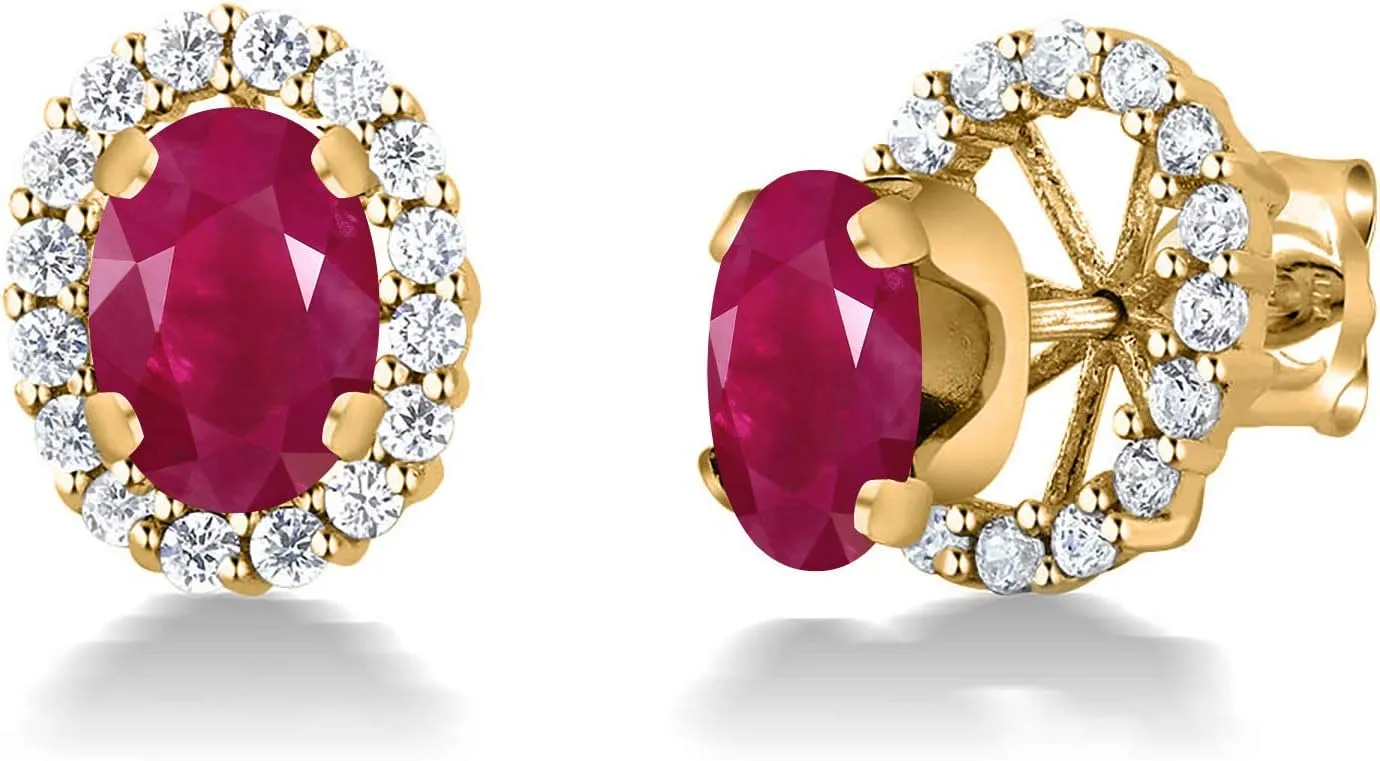 Gem Stone King 18K Yellow Gold Plated Silver Oval Red Ruby Removable Jacket Stud Earrings For Women