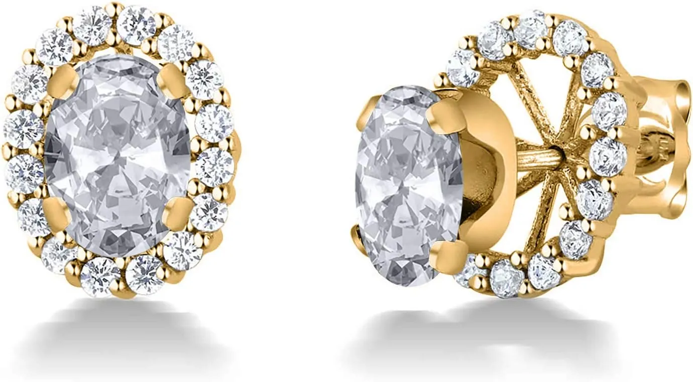 Gem Stone King 18K Yellow Gold Plated Silver Oval White Topaz Removable Jacket Stud Earrings For Women