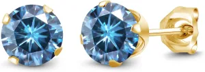 Gem Stone King 18K Yellow Gold Plated Silver Stud Earrings For Women Men Persian Blue Round Moissanite (1.00 Cttw)