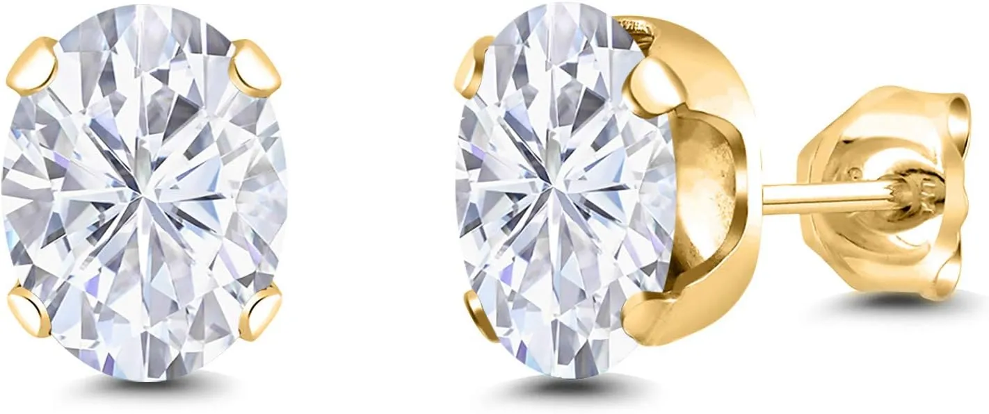 Gem Stone King 18K Yellow Gold Plated Silver Stud Earrings For Women Men Set Oval 3.00cttw Moissanite
