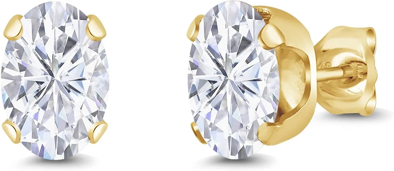 Gem Stone King 18K Yellow Gold Plated Silver Stud Earrings For Women Men Set with Oval 1.80cttw Moissanite