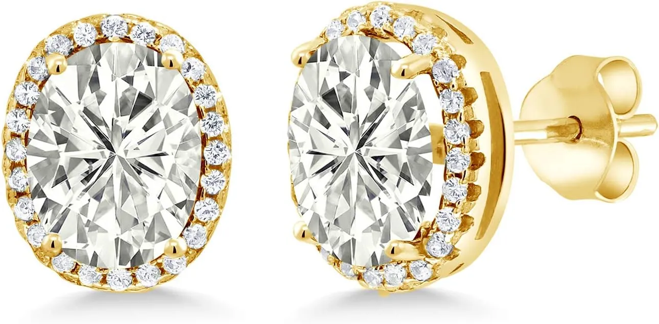 Gem Stone King 18K Yellow Gold Plated Silver Stud Earrings Near Colorless Oval 4.68cttw Moissanite