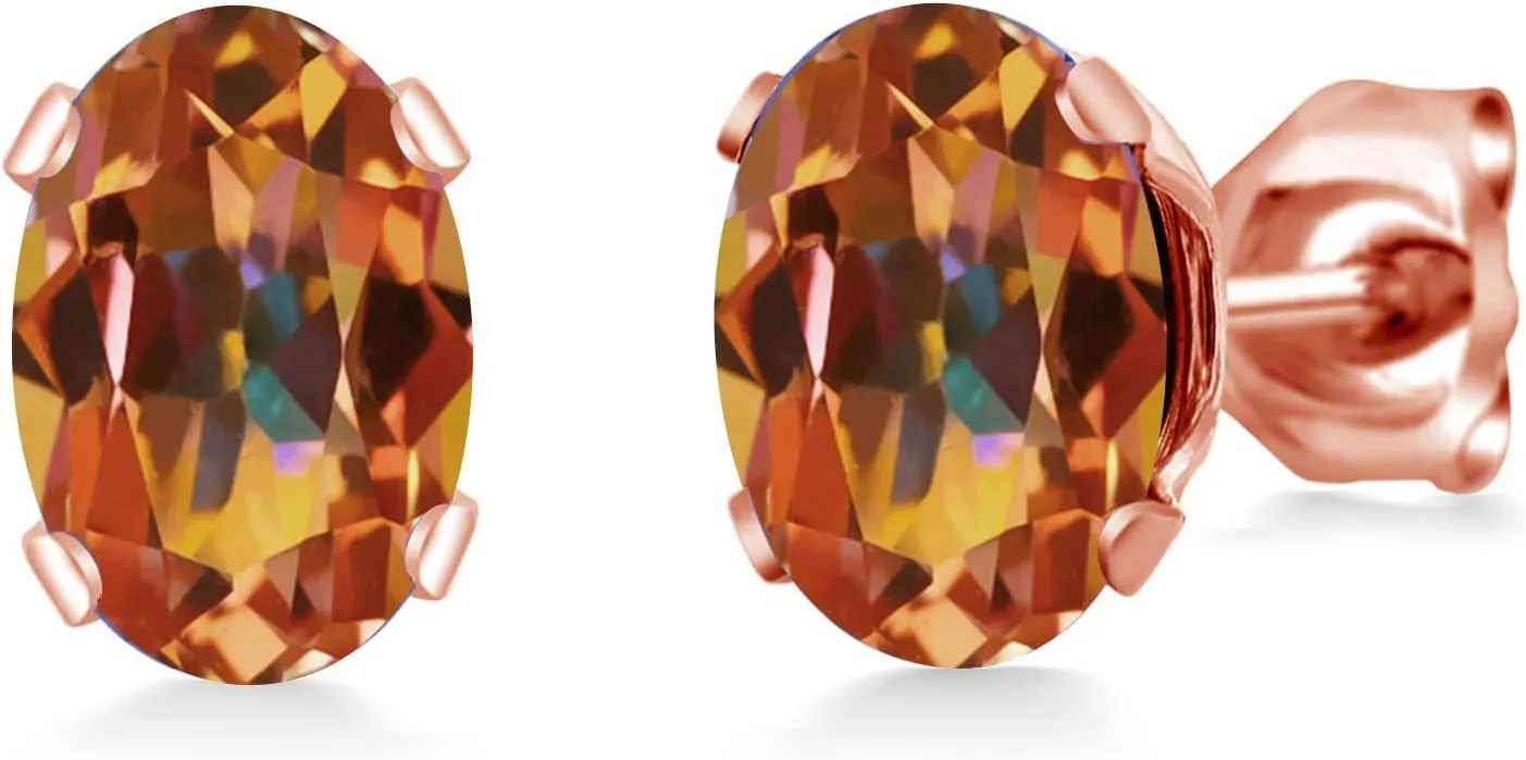 Gem Stone King 1.90 Ct Oval Shape Ecstasy Mystic Topaz Rose Gold Plated Brass Stud Earrings For Women Men