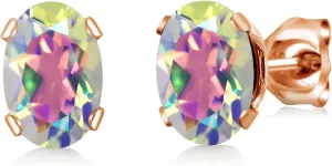 Gem Stone King 2.00 Ct 7x5mm Mercury Mist Mystic Topaz 18K Rose Gold Plated Silver Stud Earrings For Women Men