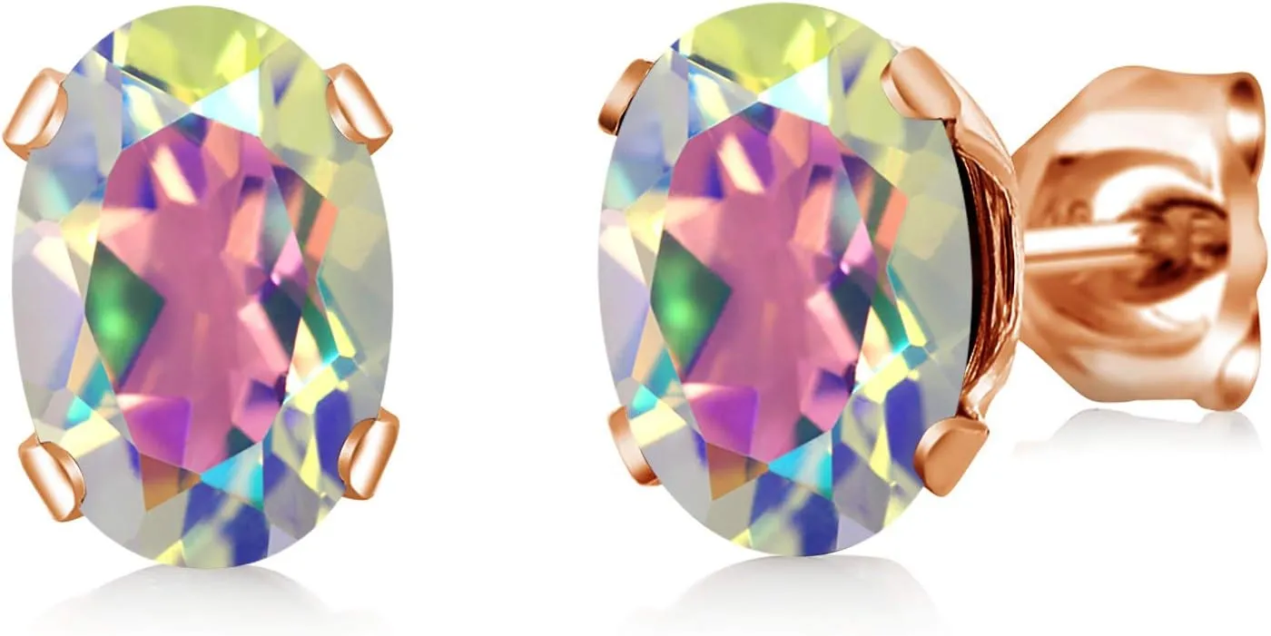 Gem Stone King 2.00 Ct 7x5mm Mercury Mist Mystic Topaz 18K Rose Gold Plated Silver Stud Earrings For Women Men