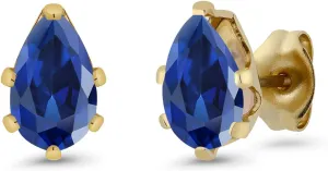 Gem Stone King 2.00 Ct 8x5mm Blue Created Sapphire Brass Yellow Gold Plated Brass Stud Earrings For Women Men