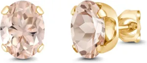 Gem Stone King 2.00 Ct Oval 8x6mm Peach Morganite 18K Yellow Gold Plated Silver Stud Earrings For Women Men