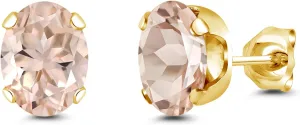 Gem Stone King 2.00 Ct Oval 8x6mm Peach Morganite Brass Yellow Gold Plated Brass Stud Earrings For Women Men