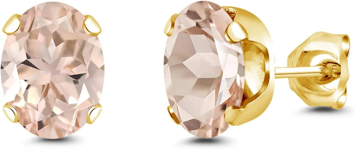 Gem Stone King 2.00 Ct Oval 8x6mm Peach Morganite Brass Yellow Gold Plated Brass Stud Earrings For Women Men
