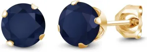 Gem Stone King 2.00 Ct Round 6mm Blue Sapphire 18K Yellow Gold Plated Silver Stud Earrings For Women Men