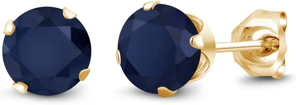 Gem Stone King 2.00 Ct Round 6mm Blue Sapphire 18K Yellow Gold Plated Silver Stud Earrings For Women Men