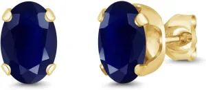 Gem Stone King 2.04 Ct Oval 7x5mm Blue Sapphire 18K Yellow Gold Plated Silver Stud Earrings For Women Men