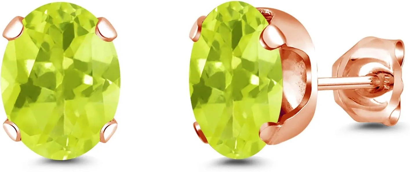Gem Stone King 2.20 Ct 8x6mm Yellow Lemon Quartz Brass Rose Gold Plated Brass Stud Earrings For Women Men