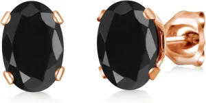 Gem Stone King 2.20 Ct Oval 7x5mm Black Sapphire 18K Rose Gold Plated Silver Stud Earrings For Women Men