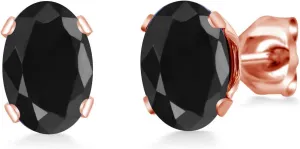Gem Stone King 2.20 Ct Oval 7x5mm Black Sapphire Brass Rose Gold Plated Brass Stud Earrings For Women Men