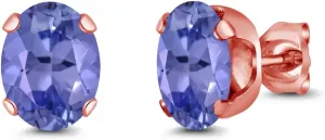 Gem Stone King 2.32 Ct Oval 8x6mm Blue Tanzanite 18K Rose Gold Plated Silver Stud Earrings For Women Men