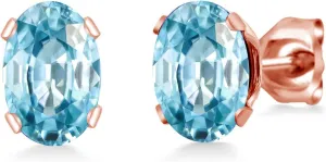 Gem Stone King 2.50 Ct Oval 7x5mm Blue Zircon Brass Rose Gold Plated Brass Stud Earrings For Women Men