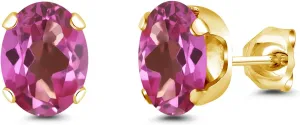 Gem Stone King 2.60 Ct 8x6mm Pink Mystic Topaz Brass Yellow Gold Plated Brass Stud Earrings For Women Men
