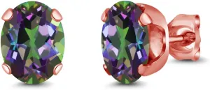 Gem Stone King 2.60 Ct Oval 8x6mm Green Mystic Topaz 18K Rose Gold Plated Silver Stud Earrings For Women Men