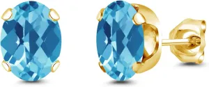 Gem Stone King 2.60 Ct Oval Checkerboard 8x6mm Swiss Blue Topaz Brass Yellow Gold Plated Brass Stud Earrings For Women Men