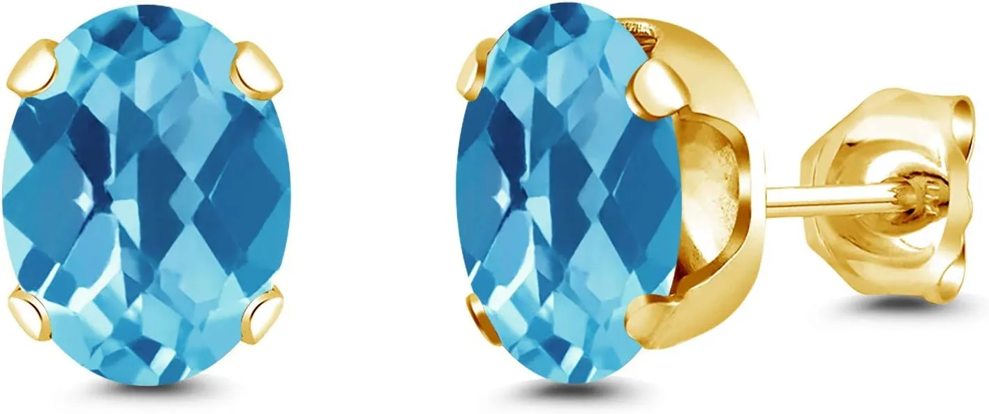 Gem Stone King 2.60 Ct Oval Checkerboard 8x6mm Swiss Blue Topaz Brass Yellow Gold Plated Brass Stud Earrings For Women Men