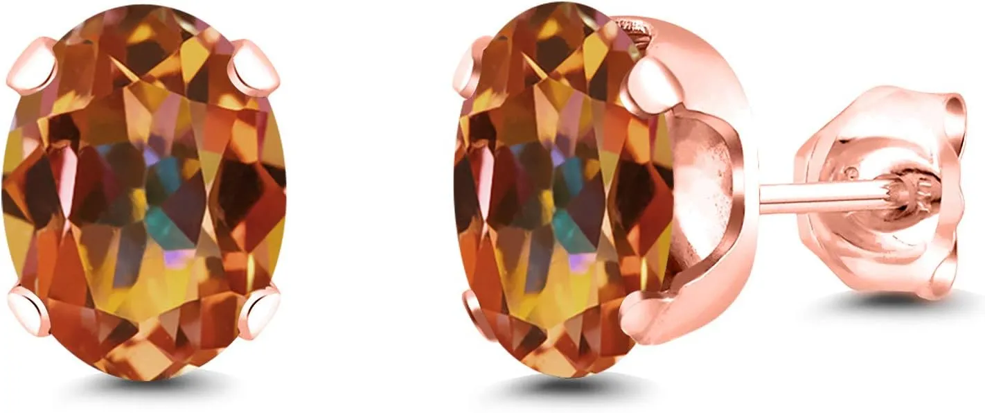 Gem Stone King 3.00 Ct 8x6mm Ecstasy Mystic Topaz 18K Rose Gold Plated Silver Stud Earrings For Women Men