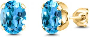 Gem Stone King 3.00 Ct Oval 8x6mm Swiss Blue Topaz 18K Yellow Gold Plated Silver Stud Earrings For Women Men