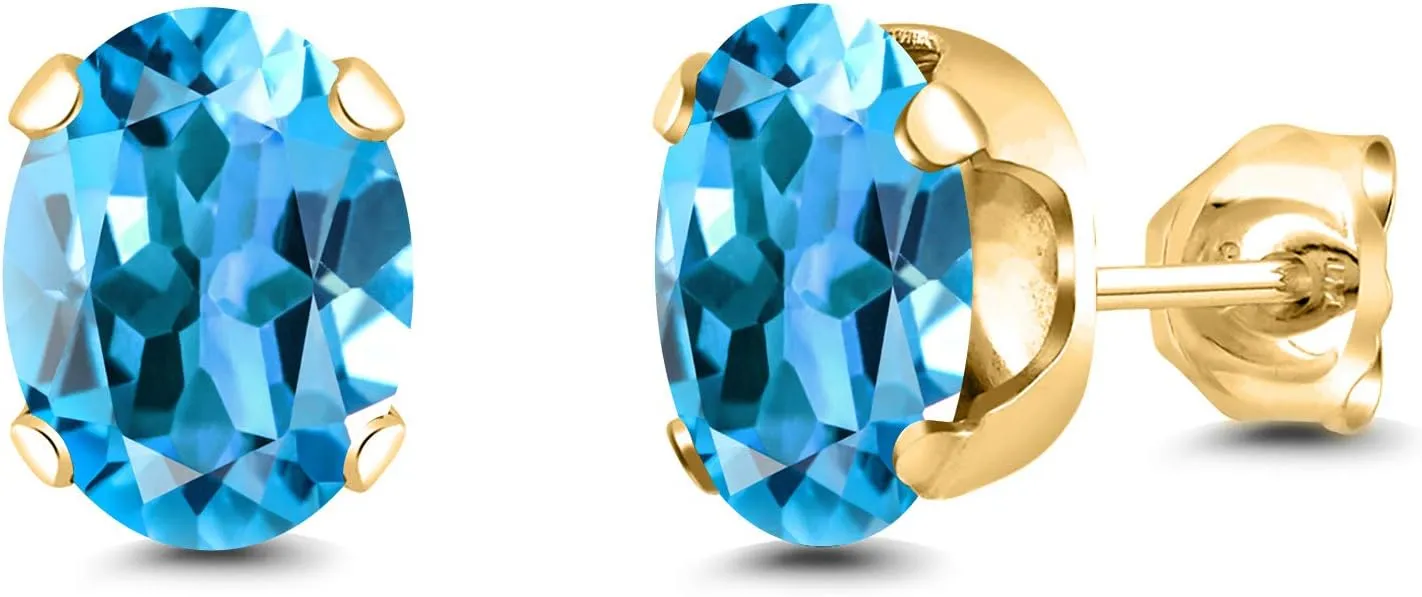 Gem Stone King 3.00 Ct Oval 8x6mm Swiss Blue Topaz 18K Yellow Gold Plated Silver Stud Earrings For Women Men
