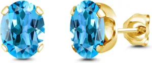 Gem Stone King 3.00 Ct Oval 8x6mm Swiss Blue Topaz Brass Yellow Gold Plated Brass Stud Earrings For Women Men