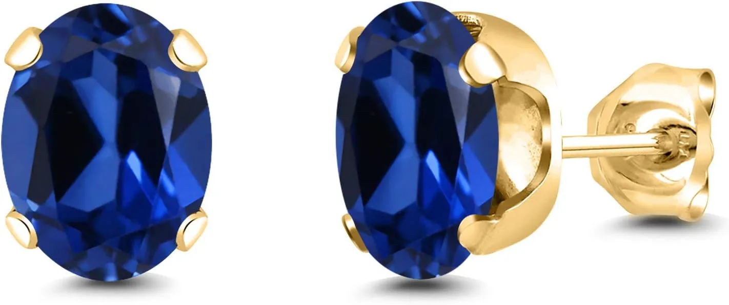 Gem Stone King 3.20 Ct 8x6mm Blue Created Sapphire 18K Yellow Gold Plated Silver Stud Earrings For Women Men