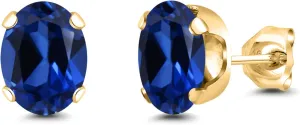 Gem Stone King 3.20 Ct 8x6mm Blue Created Sapphire 18K Yellow Gold Plated Silver Stud Earrings For Women Men