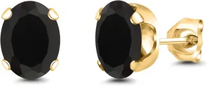 Gem Stone King 3.20 Ct Oval 8x6mm Black Onyx 18K Yellow Gold Plated Silver Stud Earrings For Women Men