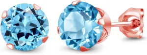 Gem Stone King 3.30 Ct Round 7mm Swiss Blue Topaz 18K Rose Gold Plated Silver Stud Earrings For Women Men