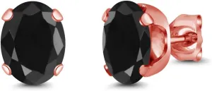 Gem Stone King 3.32 Ct Oval 8x6mm Black Sapphire 18K Rose Gold Plated Silver Stud Earrings For Women Men