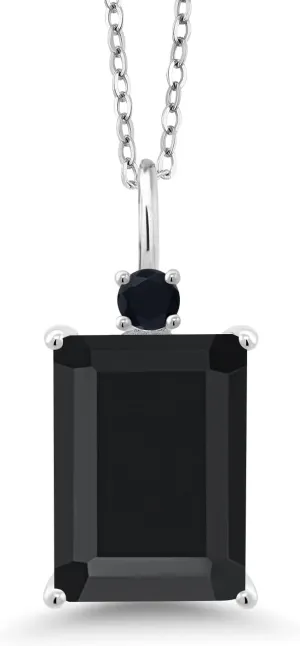 Gem Stone King 925 Sterling Silver Black Onyx Pendant Necklace For Women (6.70 Cttw, Emerald Cut 14X10MM, Gemstone Birthstone, with Chain)