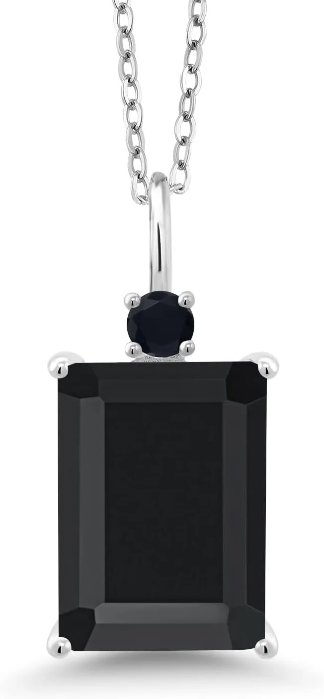 Gem Stone King 925 Sterling Silver Black Onyx Pendant Necklace For Women (6.70 Cttw, Emerald Cut 14X10MM, Gemstone Birthstone, with Chain)