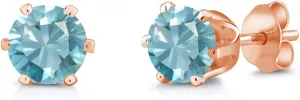 Gem Stone King Blue Zircon Rose Gold Plated Stud Earrings For Women Men | 2.40 Cttw | Gemstone Birthstone | Round 6MM