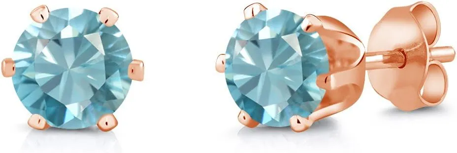 Gem Stone King Blue Zircon Rose Gold Plated Stud Earrings For Women Men | 2.40 Cttw | Gemstone Birthstone | Round 6MM