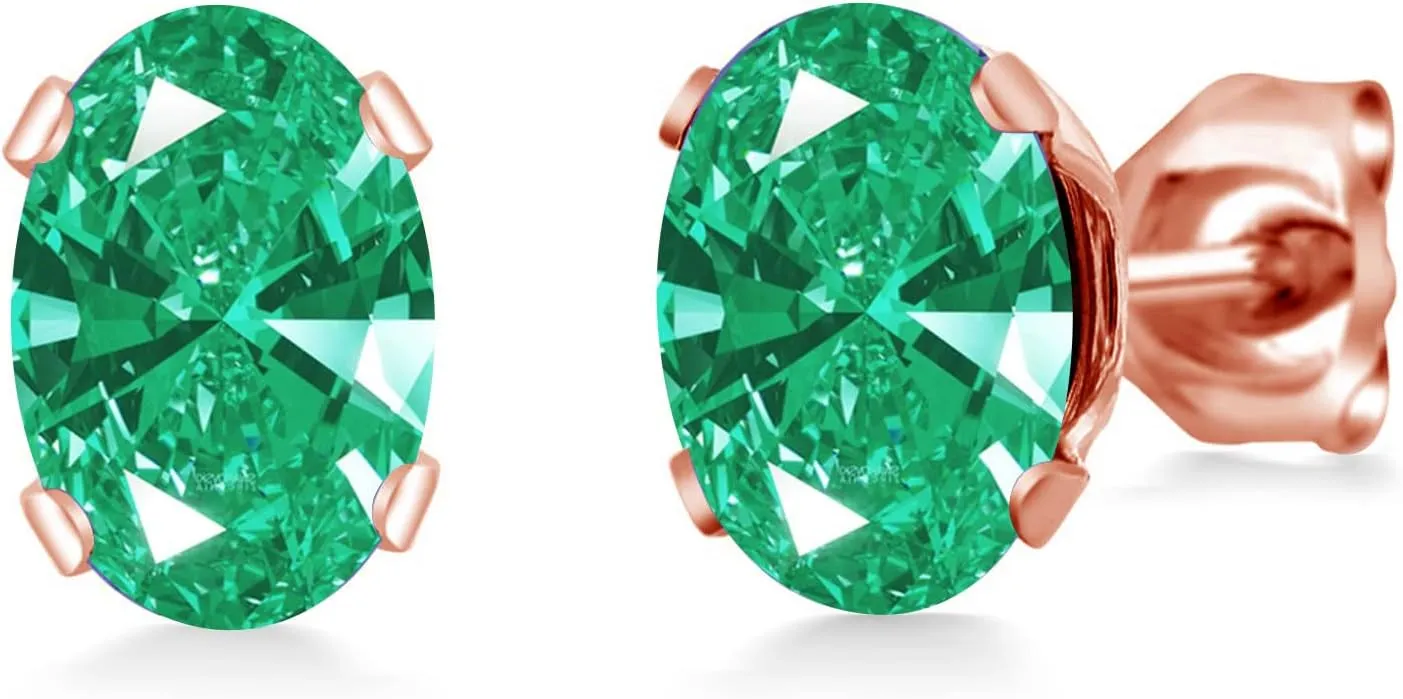 Gem Stone King Brass Rose Gold Plated Brass Stud Earrings For Women Men Set with Oval Green Zirconia