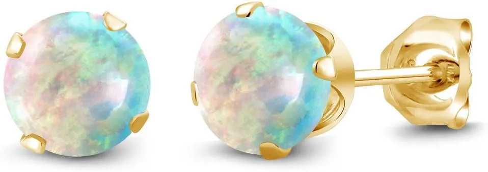 Gem Stone King Cabochon 5mm White Simulated Opal 18K Yellow Gold Plated Silver Stud Earrings For Women Men