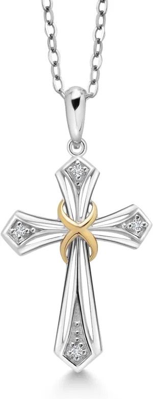 Gem Stone King White Lab Grown Diamond Cross Pendant Necklace for Women | 925 Silver and 10K Yellow Gold | Pendant: 20X15MM | With 18 Inch Chain